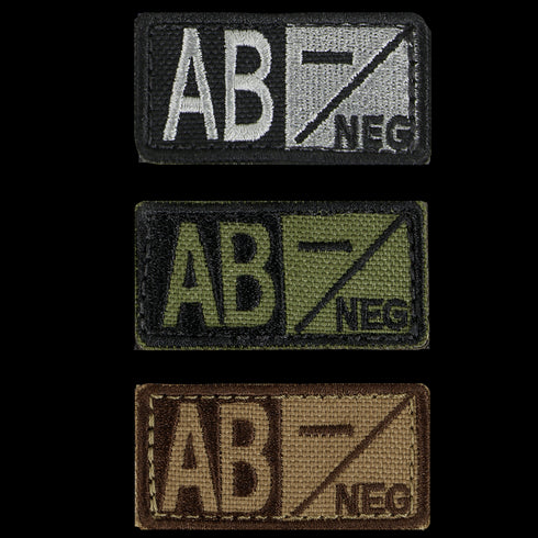 The Condor Blood Type Patch set includes three AB negative patches in black/white, green/black, and brown/tan—ideal for EDC, military gear, or the shooting range.